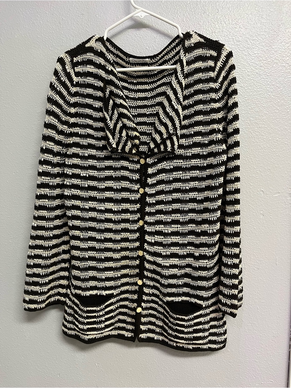 Oscar de la Renta Brown and Cream Striped Knit Button-up Cardigan